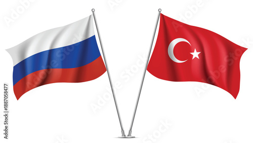 High Quality background with Two Standings Wavy Flags of Russia and Turkey