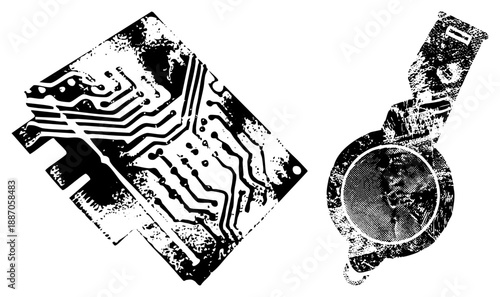 Grunge Styled Circuit Board and Vintage Watch Vector Illustration
