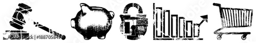 Five Symbols Representing Finance, Commerce, and Security in Grunge Style