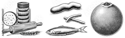 Vintage Black and White Illustration of Baking, Seafood, and Citrus Ingredients