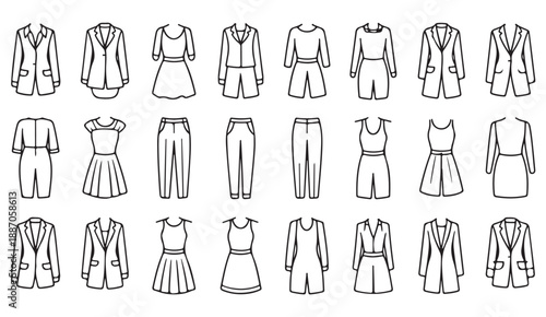 Dresses blouses skirts jacket icons in minimal line style