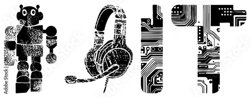 Retro Robot, Headset, and Circuit Board Letters Forming "IT" Logo