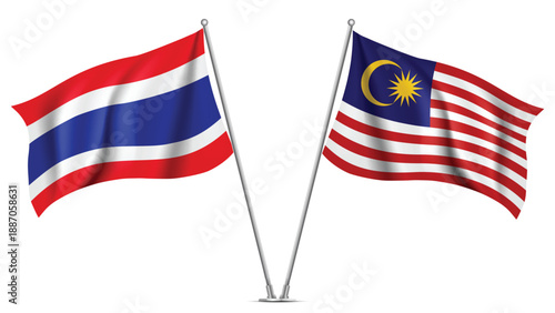 High Quality background with Two Standings Wavy Flags of Malaysia and Thailand
