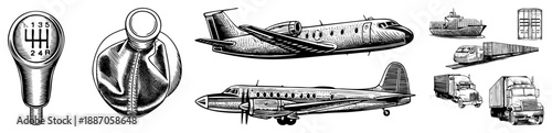 Vintage Aircraft & Transport Vehicles in Classic Art Style