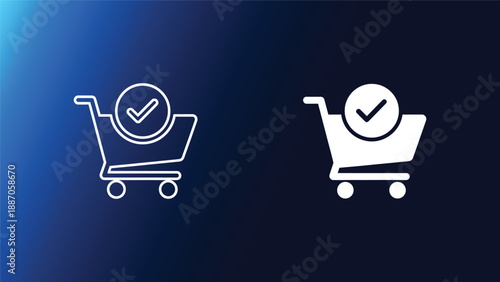 Shopping cart icons with checkmarks on blue and black backgrounds for e commerce concepts