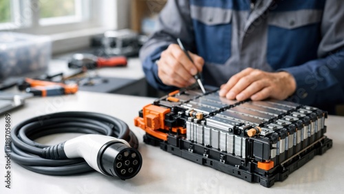 Wallpaper Mural Electric vehicle battery maintenance in a workshop setting. Torontodigital.ca