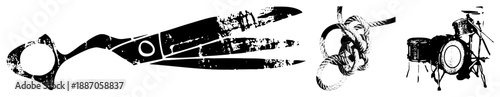 Graphic of Scissors, Rope Knot, and Drum Set in Bold Black Silhouettes