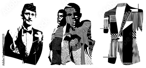 Three Stylized Men in Tuxedos with Halftone and Geometric Stripes