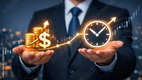 Businessman balancing time and money with a financial growth graph.