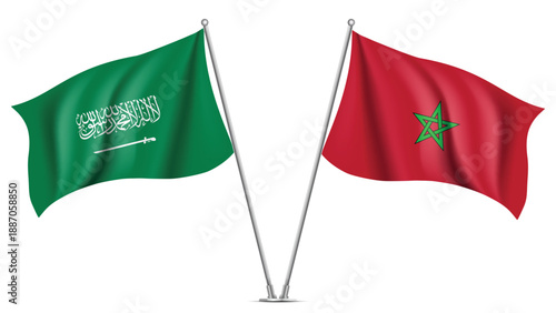 High Quality background with Two Standings Wavy Flags of Saudi Arabia and Morocco