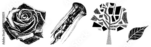 Black and White Stylized Rose, Jellyfish, Tree, and Leaf Vector