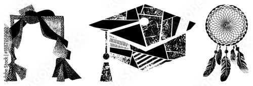 Black and White Halftone Graduation Cap, Ribbon Bow, and Dreamcatcher Vector Set