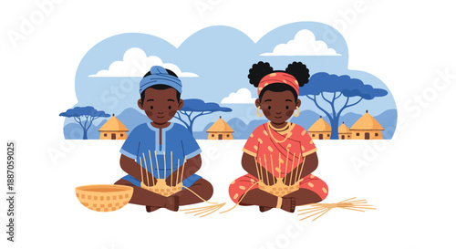 Vector illustration of African children weaving simple baskets, learning cultural crafts and traditional skills in rural village life through flat vector illustration