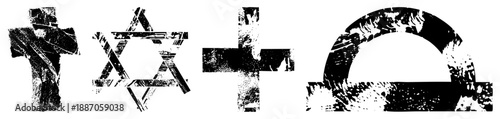 Grunge Textured Religious Symbols in Black and White Vector Set