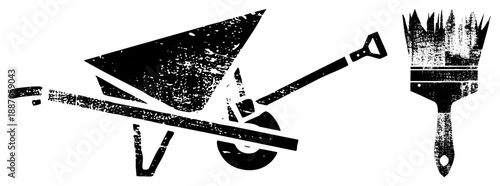 Wheelbarrow and Paintbrush Construction Tools Set