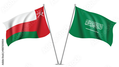 High Quality background with Two Standings Wavy Flags of Saudi Arabia and Oman