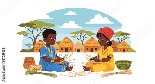 Vector illustration of African children weaving simple baskets, learning cultural crafts and traditional skills in rural village life through flat vector illustration