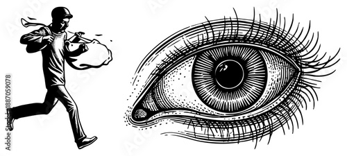 Thief Running with Bag While Eye Watches Closely