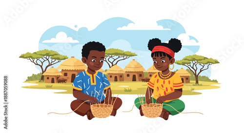 Vector illustration of African children weaving simple baskets, learning cultural crafts and traditional skills in rural village life through flat vector illustration