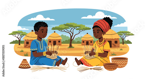 Vector illustration of African children weaving simple baskets, learning cultural crafts and traditional skills in rural village life through flat vector illustration