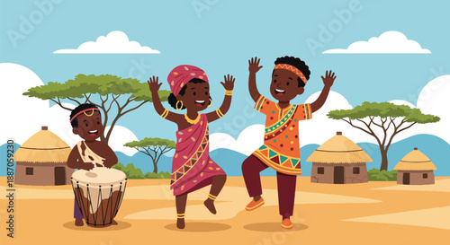 Vector illustration of African children dancing joyfully to drums at a community gathering, celebrating music, rhythm, and cultural expression in flat vector style