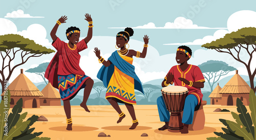 Vector illustration of African children dancing joyfully to drums at a community gathering, celebrating music, rhythm, and cultural expression in flat vector style
