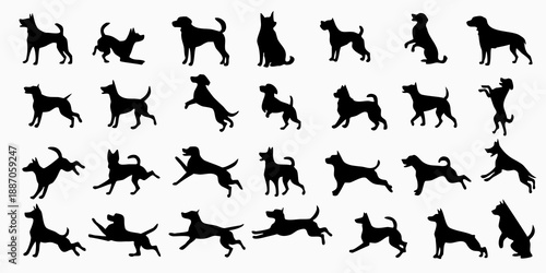 Collection of diverse dog silhouettes in various playful and active poses