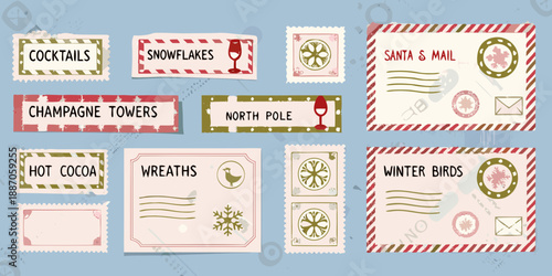 Festive christmas postage stamps with holiday themes and celebratory designs