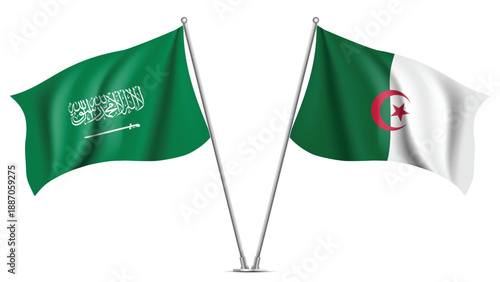 High Quality background with Two Standings Wavy Flags of Saudi Arabia and Algeria