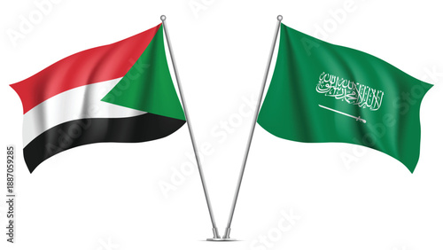 High Quality background with Two Standings Wavy Flags of Saudi Arabia and Sudan