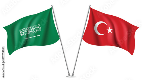 High Quality background with Two Standings Wavy Flags of Saudi Arabia and Turkyie