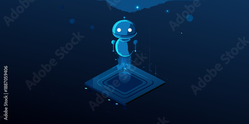 A glowing blue robot figure floats above a geometric platform in darkness