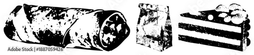 Black and White Halftone Illustration of Burrito, Bag, and Cake Slice