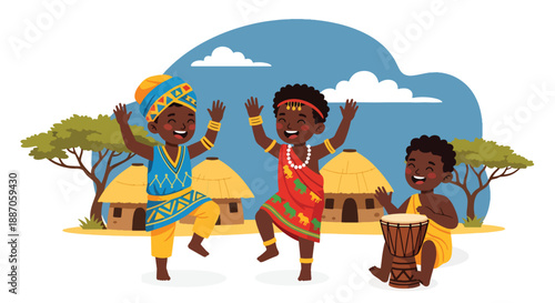 Vector illustration of African children dancing joyfully to drums at a community gathering, celebrating music, rhythm, and cultural expression in flat vector style