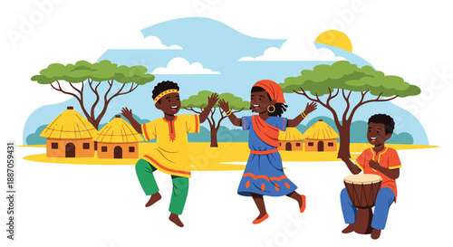 Vector illustration of African children dancing joyfully to drums at a community gathering, celebrating music, rhythm, and cultural expression in flat vector style