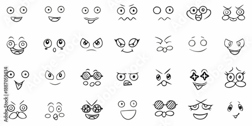 Collection of various hand drawn black and white cartoon face expressions