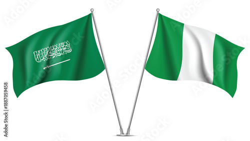 High Quality background with Two Standings Wavy Flags of Saudi Arabia and Nigeria
