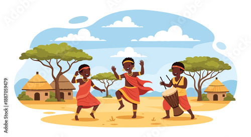Vector illustration of African children dancing joyfully to drums at a community gathering, celebrating music, rhythm, and cultural expression in flat vector style