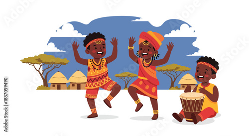 Vector illustration of African children dancing joyfully to drums at a community gathering, celebrating music, rhythm, and cultural expression in flat vector style
