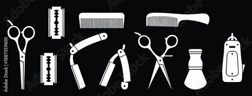 Barber tools silhouette set on black background. Minimal white vector hairdressing equipment icons for salon, grooming, and branding design. Clean flat  collection for logos and posters.