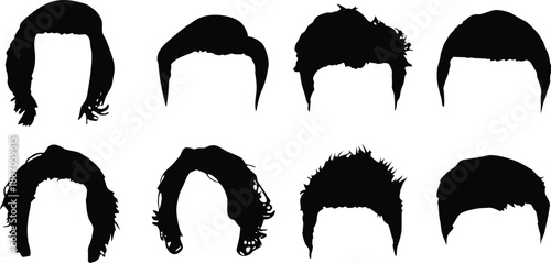 Black hair silhouette set on white background. Grunge vector hairstyle shapes for barber, salon, avatar, and branding design. Minimal flat  collection for logos and posters.