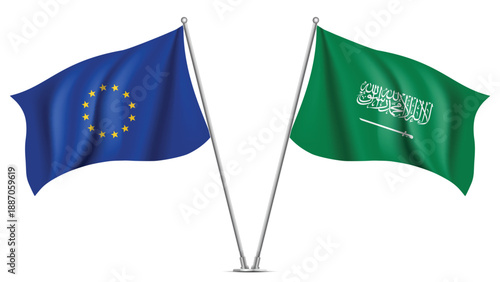 High Quality background with Two Standings Wavy Flags of Saudi Arabia and European Union