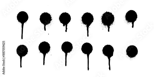 Abstract arrangement of black droplet shapes on a plain white background