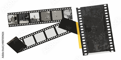 A vintage film strip with multiple frames displayed in black and white