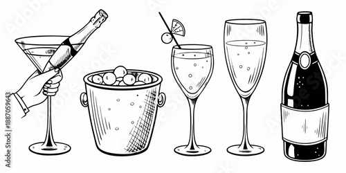 A vintage style illustration of champagne cocktails and celebratory drinks