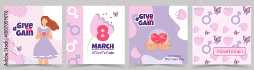  Set of illustrated social media banners for International Womens Day 2026 with female symbols, flowers, hearts and GIVETOGAIN message. Feminine pastel design for campaigns and promotion