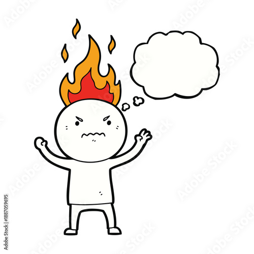 Angry cartoon character with flames on head and thought bubble