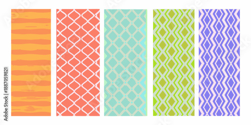 A series of vibrant vertically oriented patterned rectangles in various hues