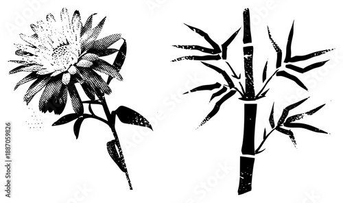 Stylized Sunflower and Bamboo Plant Silhouettes in Halftone Vector Design