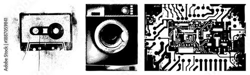 Vintage Cassette Tape, Retro Camera, and Circuit Board Vector